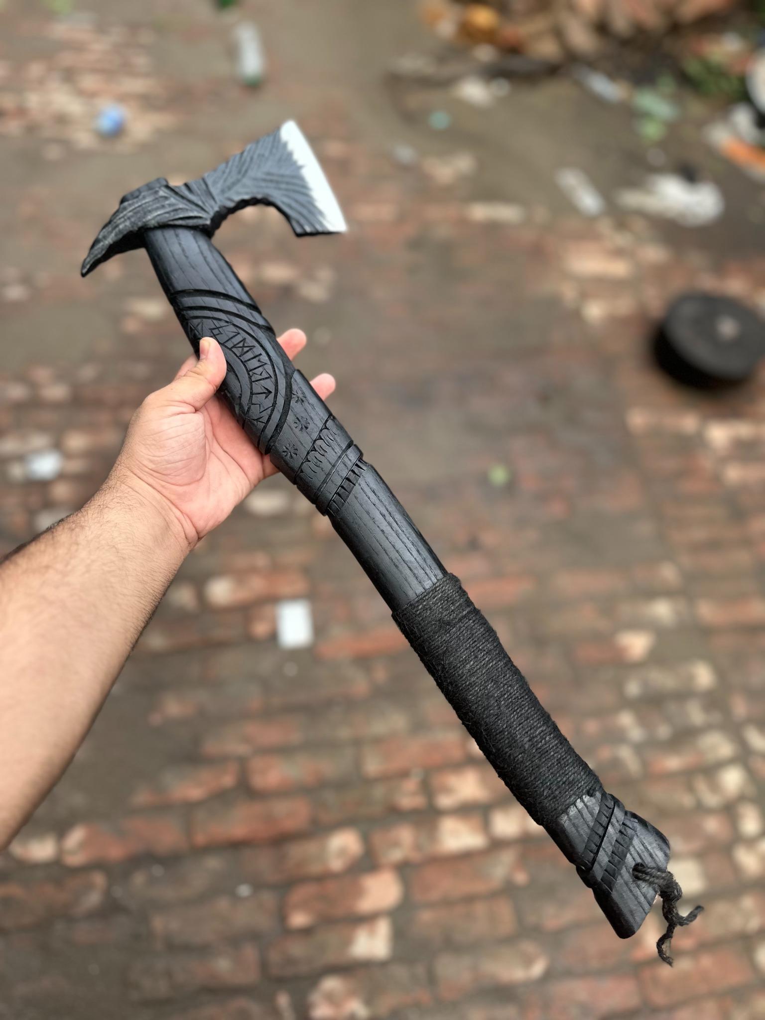 Viking-Style Hand-Carved Battle Axe | Blackened Wood Handle & Leather Sheath