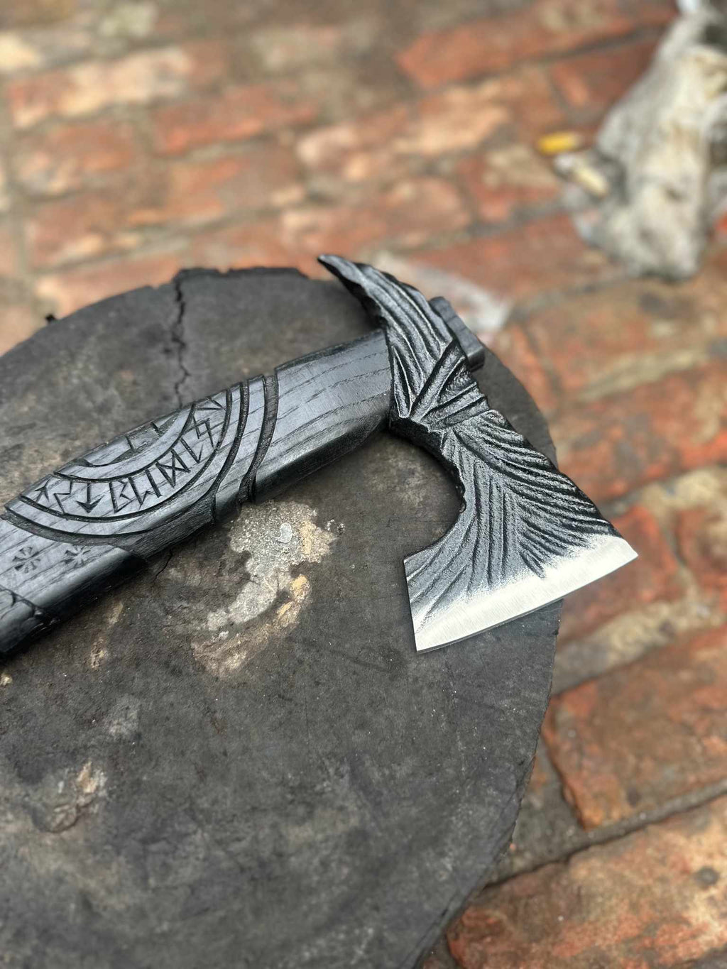 Viking-Style Hand-Carved Battle Axe | Blackened Wood Handle & Leather Sheath