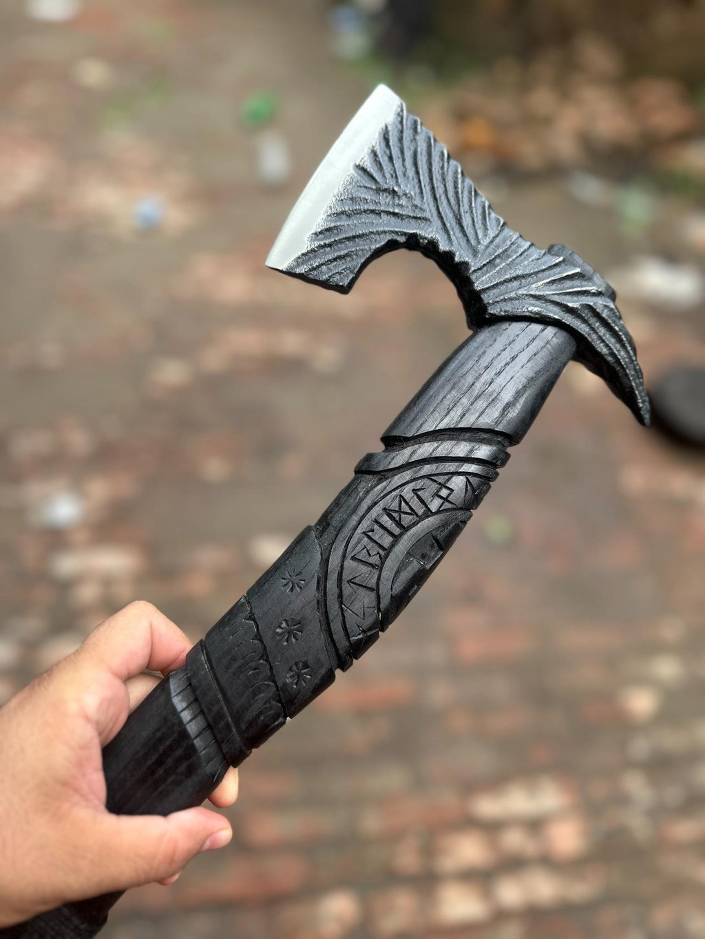Viking-Style Hand-Carved Battle Axe | Blackened Wood Handle & Leather Sheath