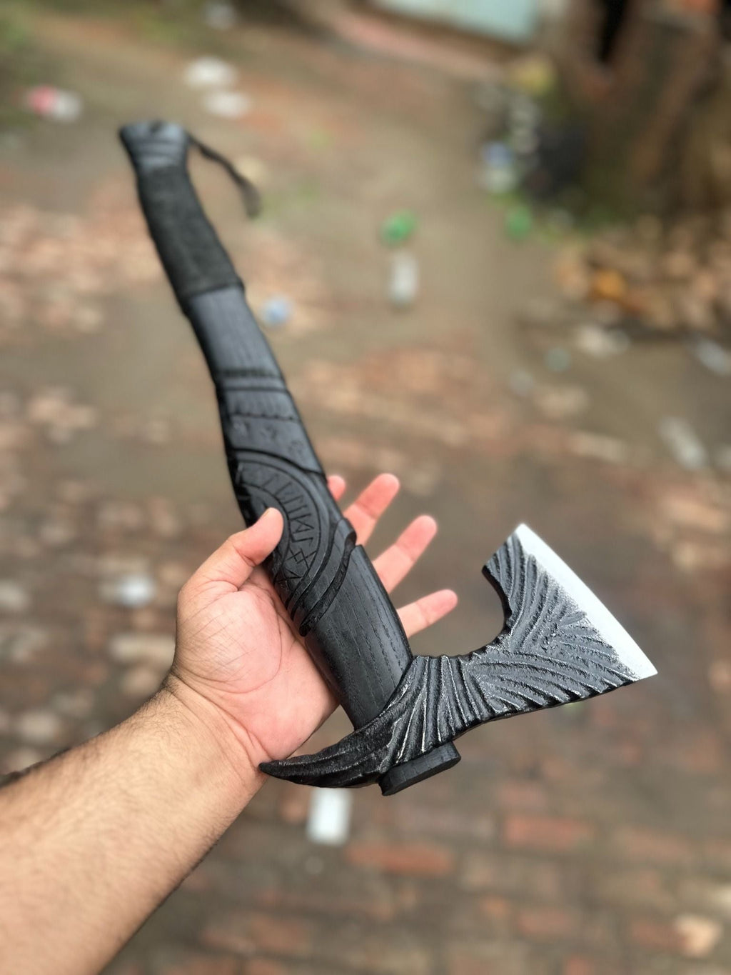 Viking-Style Hand-Carved Battle Axe | Blackened Wood Handle & Leather Sheath