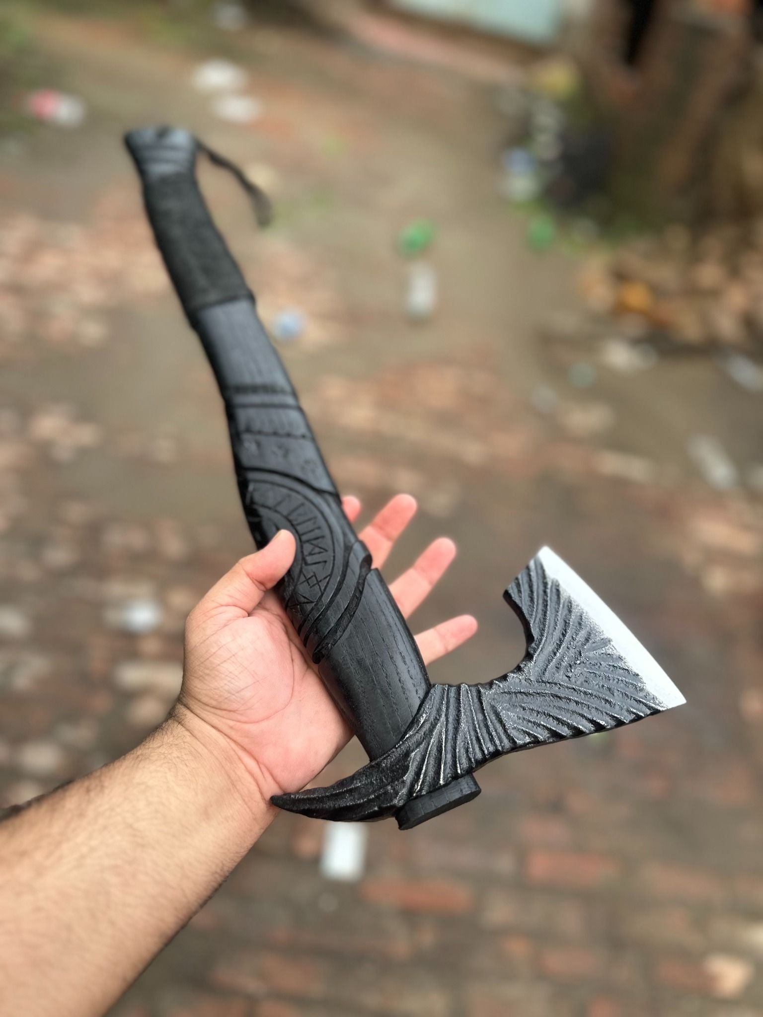 Viking-Style Hand-Carved Battle Axe | Blackened Wood Handle & Leather Sheath