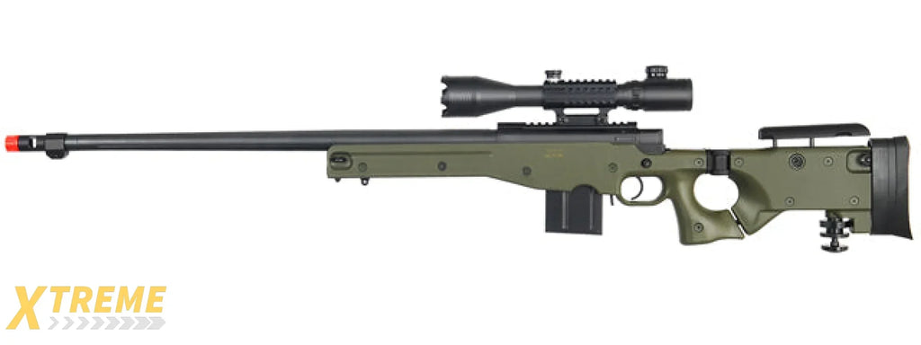 WELL MB4403 BOLT ACTION AIRSOFT RIFLE W/ FLUTED BARREL, SCOPE (ILLUMINATED), AND BIPOD