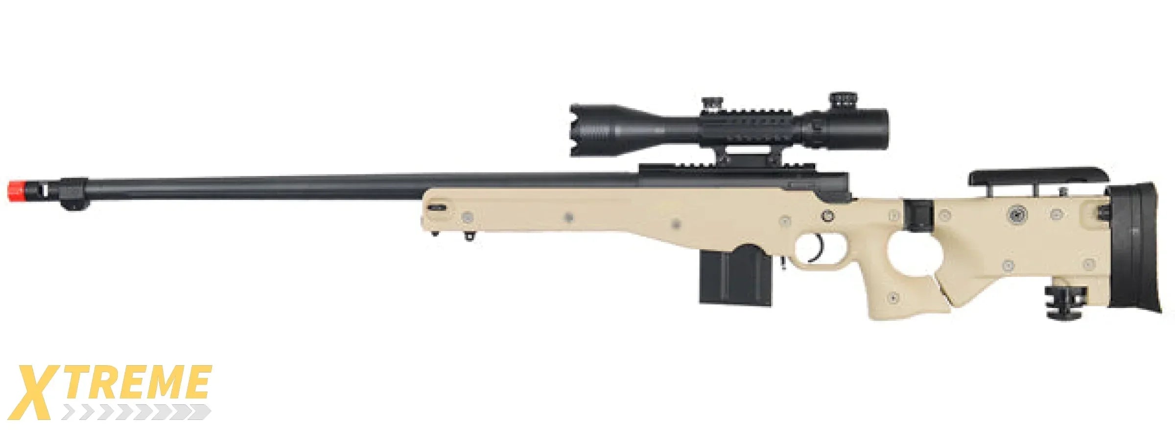 WELL MB4403 BOLT ACTION AIRSOFT RIFLE W/ FLUTED BARREL, SCOPE (ILLUMINATED), AND BIPOD