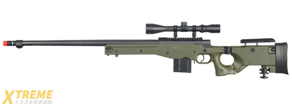 WELL MB4403 BOLT ACTION AIRSOFT RIFLE W/ FLUTED BARREL, SCOPE (ILLUMINATED), AND BIPOD