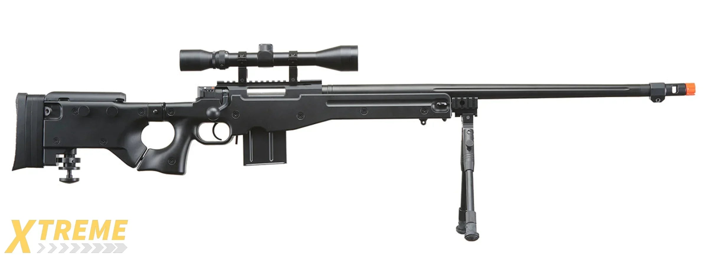 WELL MB4403 BOLT ACTION AIRSOFT RIFLE W/ FLUTED BARREL, SCOPE (ILLUMINATED), AND BIPOD