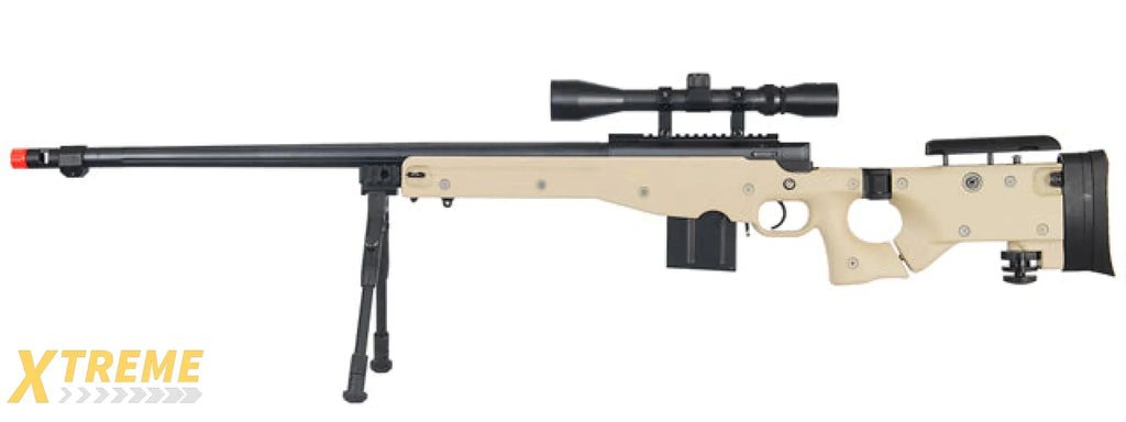 WELL MB4403 BOLT ACTION AIRSOFT RIFLE W/ FLUTED BARREL, SCOPE (ILLUMINATED), AND BIPOD