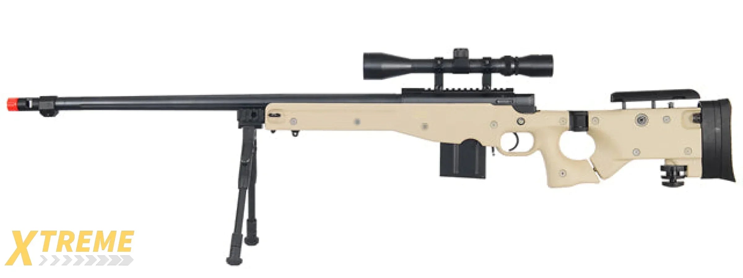 WELL MB4403 BOLT ACTION AIRSOFT RIFLE W/ FLUTED BARREL, SCOPE (ILLUMINATED), AND BIPOD