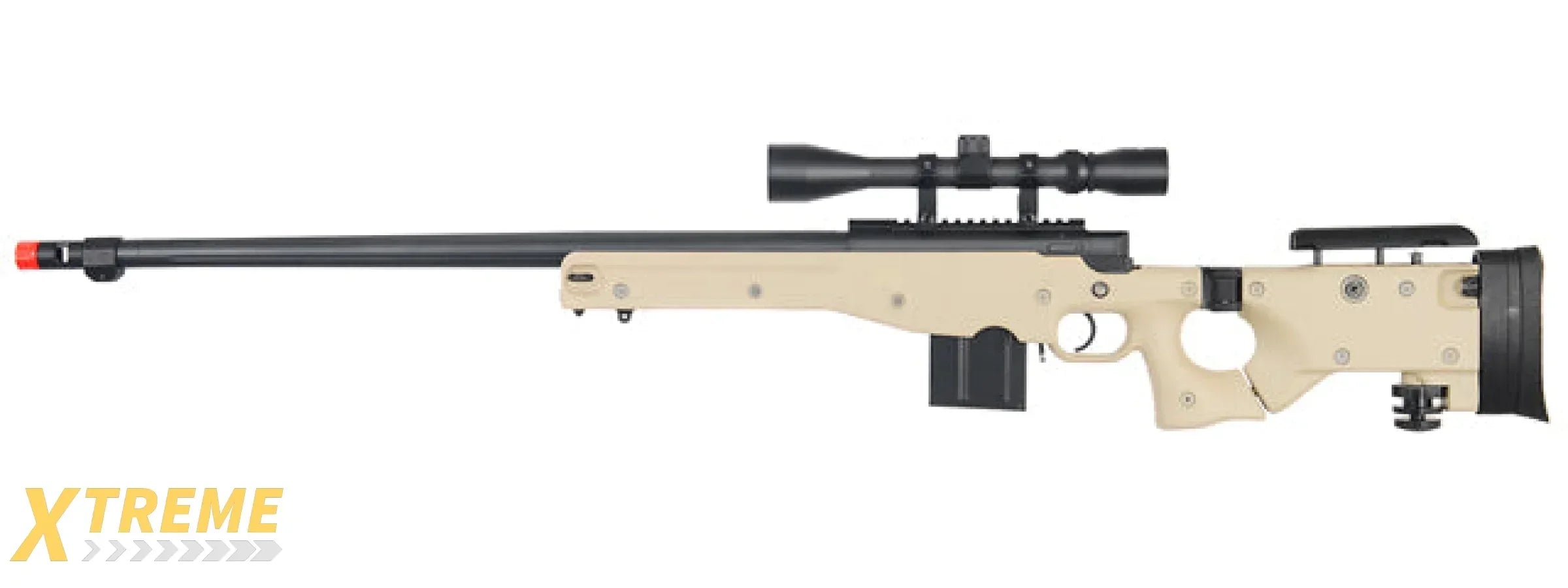 WELL MB4403 BOLT ACTION AIRSOFT RIFLE W/ FLUTED BARREL, SCOPE (ILLUMINATED), AND BIPOD
