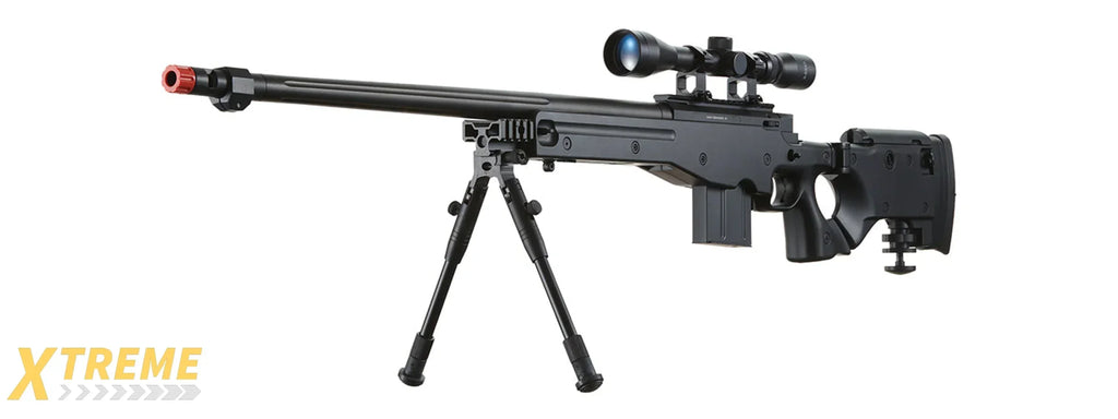WELL MB4403 BOLT ACTION AIRSOFT RIFLE W/ FLUTED BARREL, SCOPE (ILLUMINATED), AND BIPOD