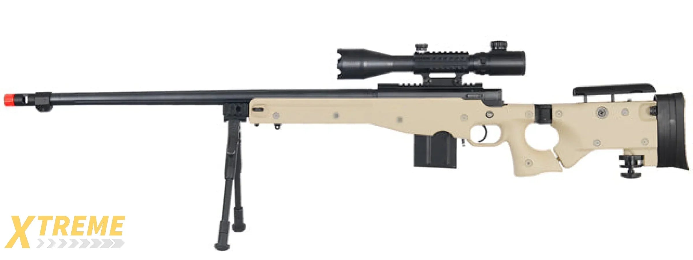 WELL MB4403 BOLT ACTION AIRSOFT RIFLE W/ FLUTED BARREL, SCOPE (ILLUMINATED), AND BIPOD