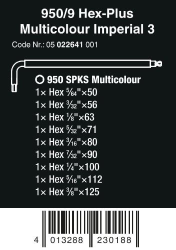 Wera 950/9 Hex-Plus Multicolor 3 L-Key Set SAE 9 Pieces 05022641001